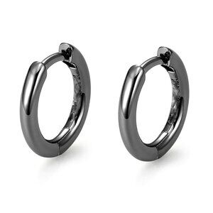 Classic Elegant Pure Solid 925 Sterling Silver Black Small Hoop Earrings